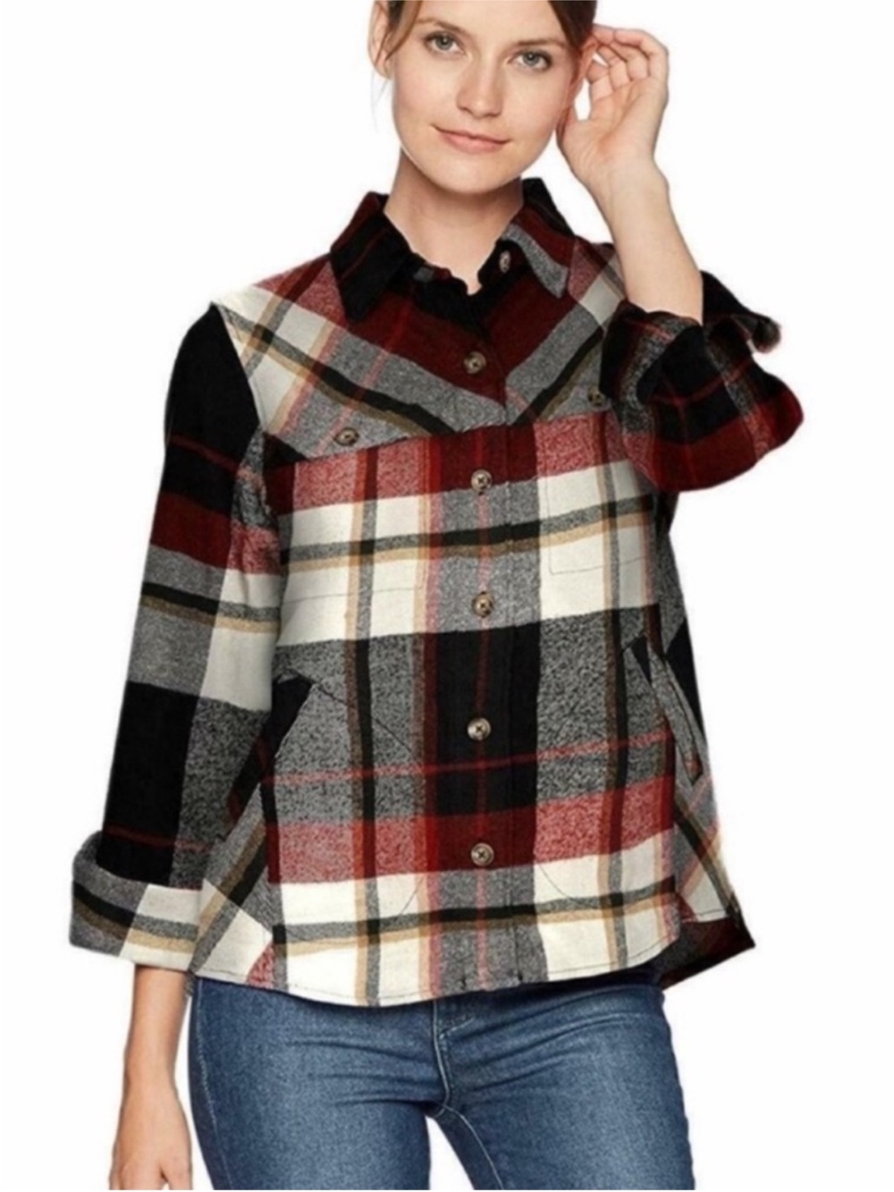 Woolrich Plaid Button-Front Shacket in Red Black Cream